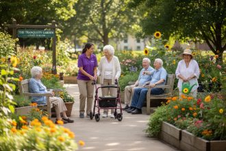 Jardin thérapeutique en EHPAD avec des résidents profitant de l'espace vert