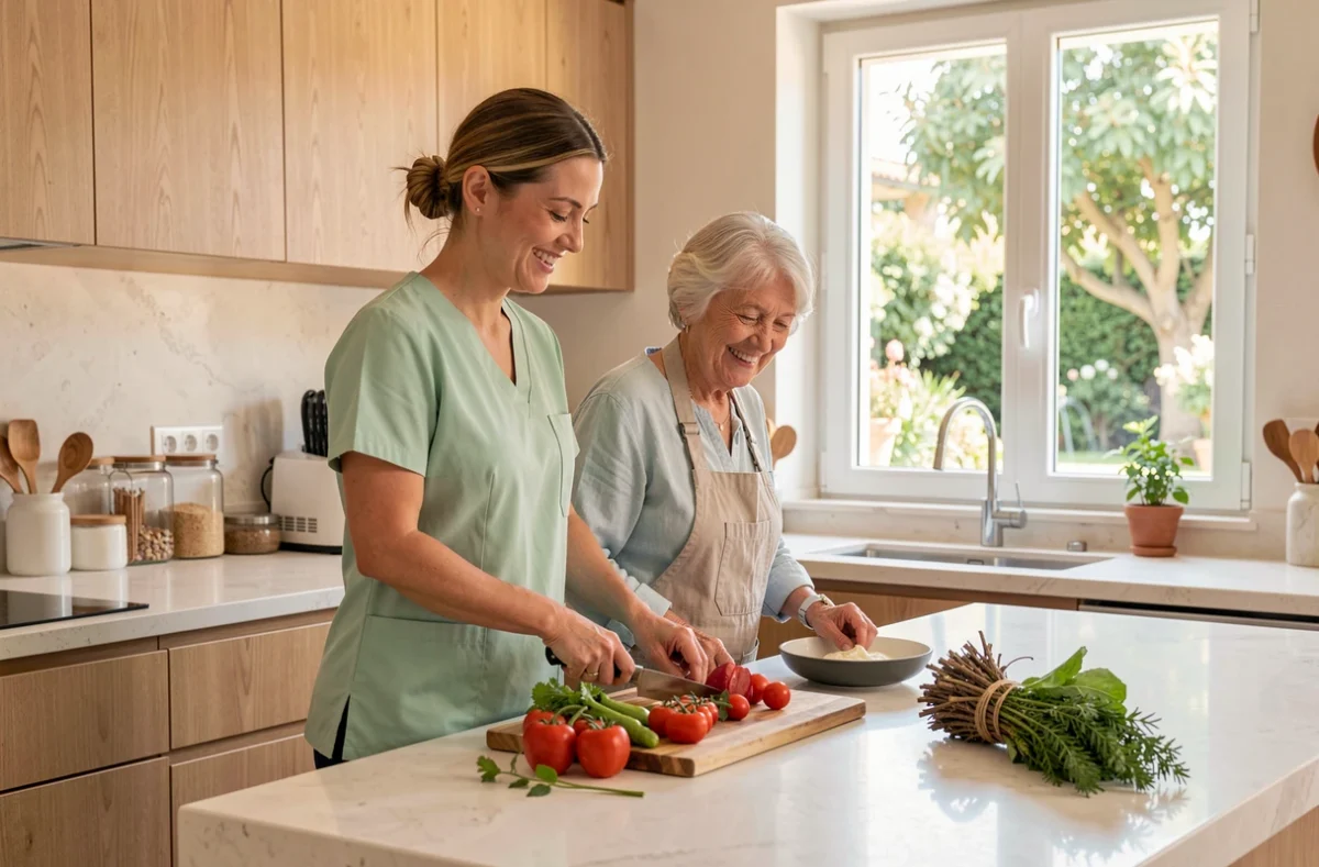 Une auxiliaire de vie d'AAD France Présence Aix-en-Provence aide une dame âgée à préparer un repas avec des légumes frais dans une cuisine moderne