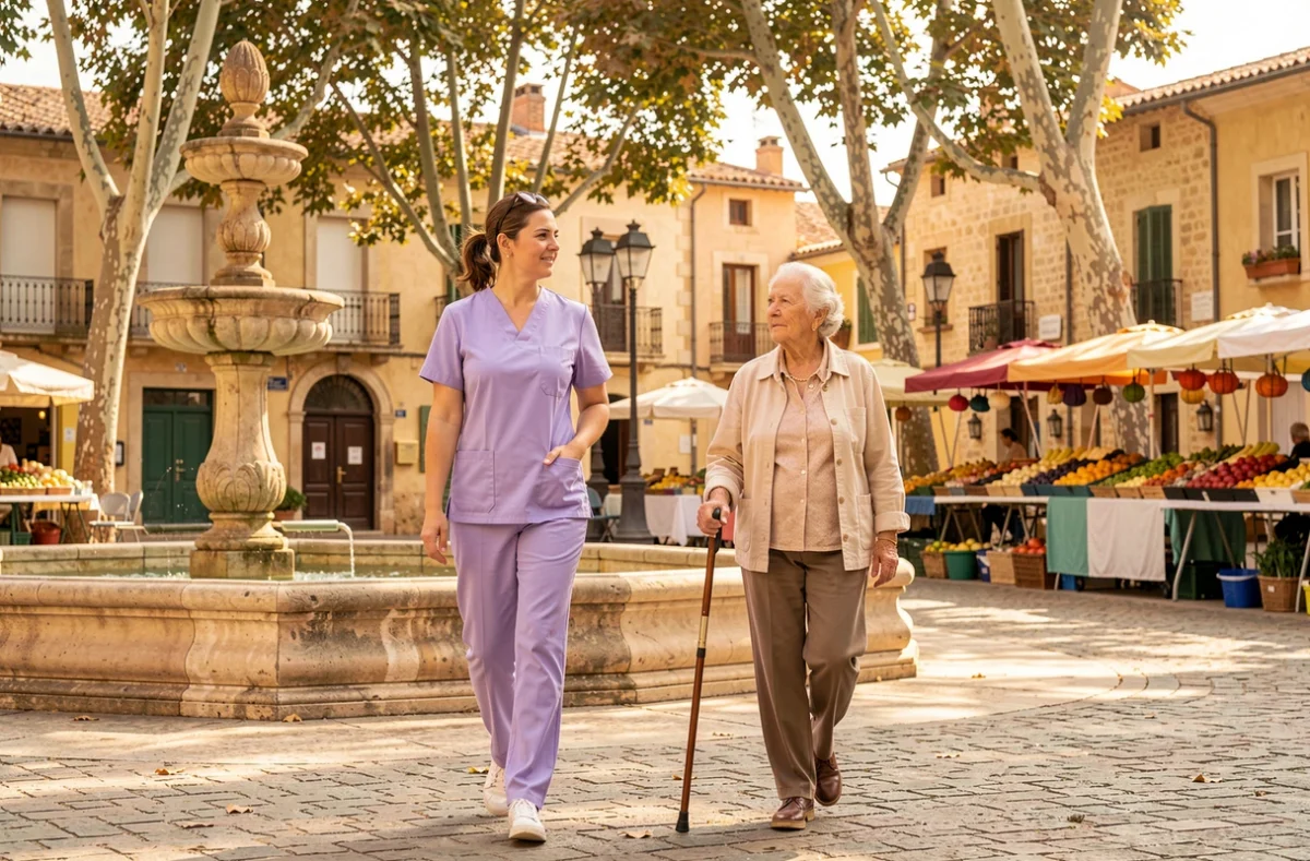 Une accompagnatrice d'ACAP 13 Salon-de-Provence promène une dame âgée avec une canne dans une place ensoleillée de Salon-de-Provence avec fontaine en pierre et platanes