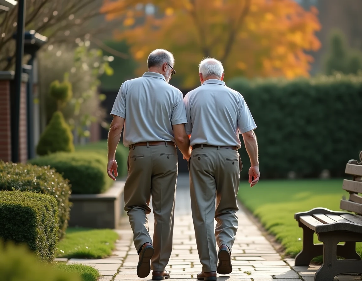 Accompagnement d'un senior lors d'une promenade dans un jardin résidentiel par un aidant professionnel