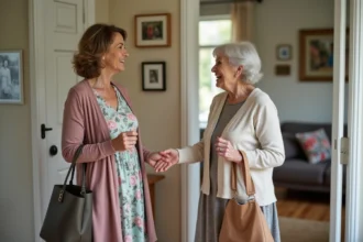 Femme accueillante saluant une personne âgée à la maison