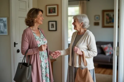 Femme accueillante saluant une personne âgée à la maison
