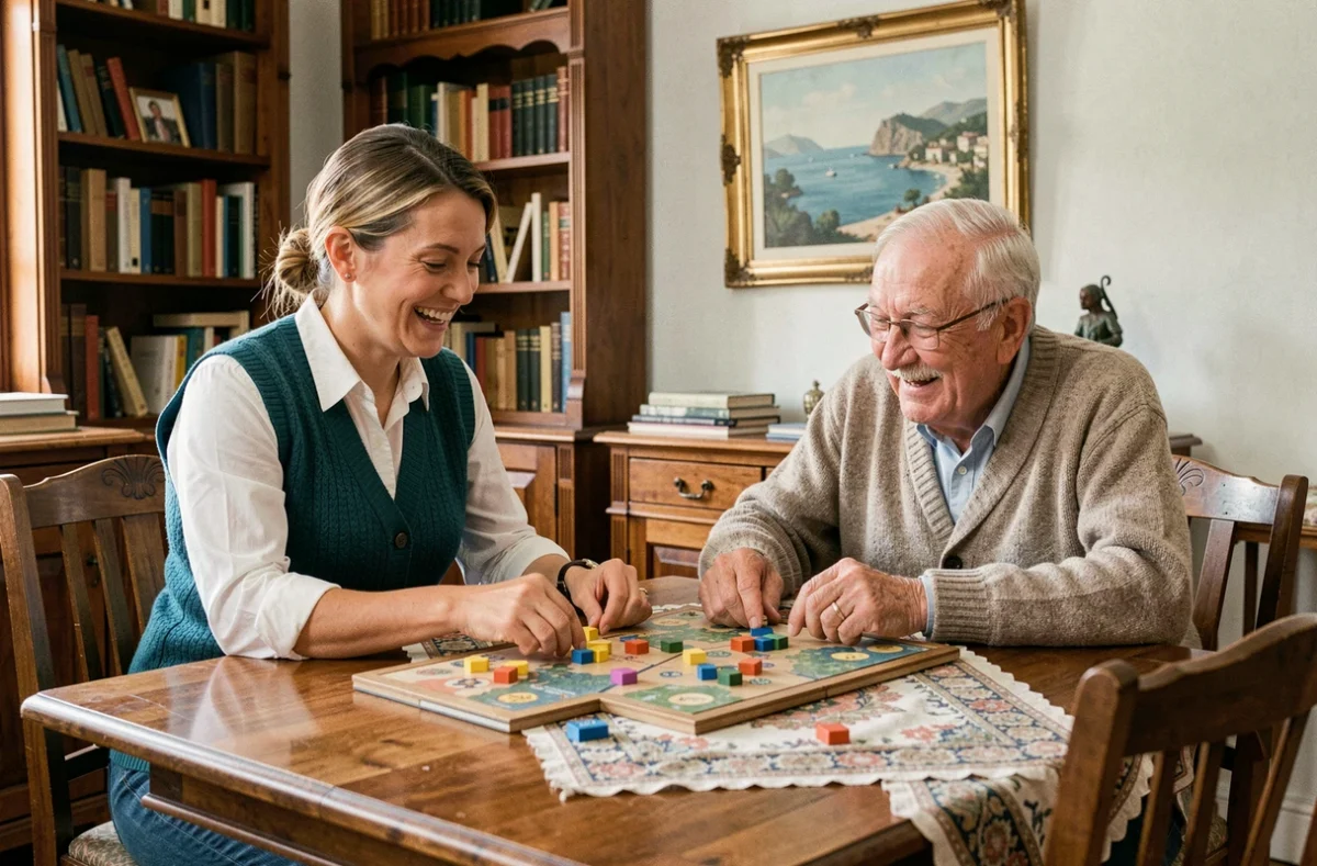 Une accompagnatrice des ACDS le Compagnon des Seniors Marseille joue à un jeu de société avec un homme âgé souriant autour d'une table en bois dans un appartement marseillais