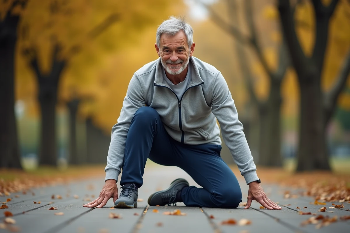 Un homme senior effectue des exercices d'étirement adaptés dans un parc, pratiquant une activité physique douce