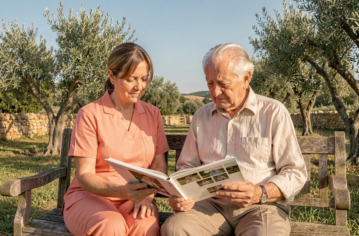 Une auxiliaire d'ADAR Provence La Fare-les-Oliviers feuillette un album photo avec un homme âgé sur un banc de jardin entouré d'oliviers et de murets en pierre sèche