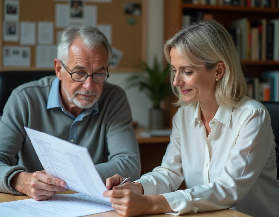 Personne âgée et assistante ADMR examinant une facture de prestations à domicile, comprendre le prix de l'heure