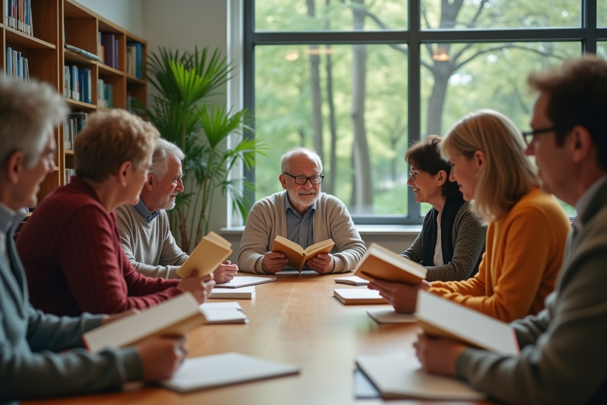 Adultes participant à un atelier lecture en bibliothèque