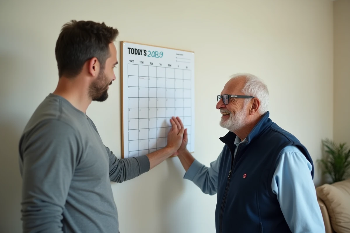 Aidant aidant une personne âgée désorientée à repérer la date du jour sur un calendrier mural imprimé en grandes lettres