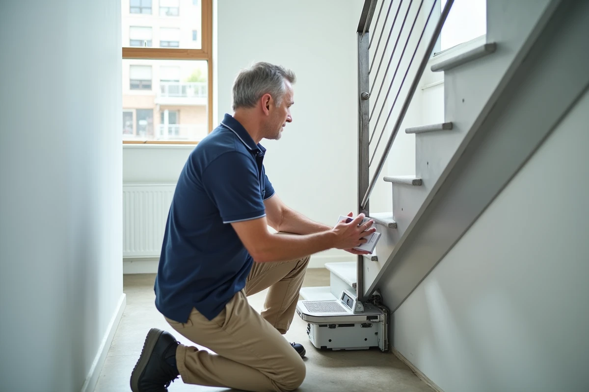 Aidant professionnel vérifiant l'ajustement d'un monte escalier mobile sans installation sur un escalier moderne dans un appartement contemporain