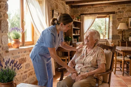 Une aide à domicile en uniforme bleu assiste une femme âgée souriante dans un salon provençal chaleureux avec des tomettes et des murs en pierre