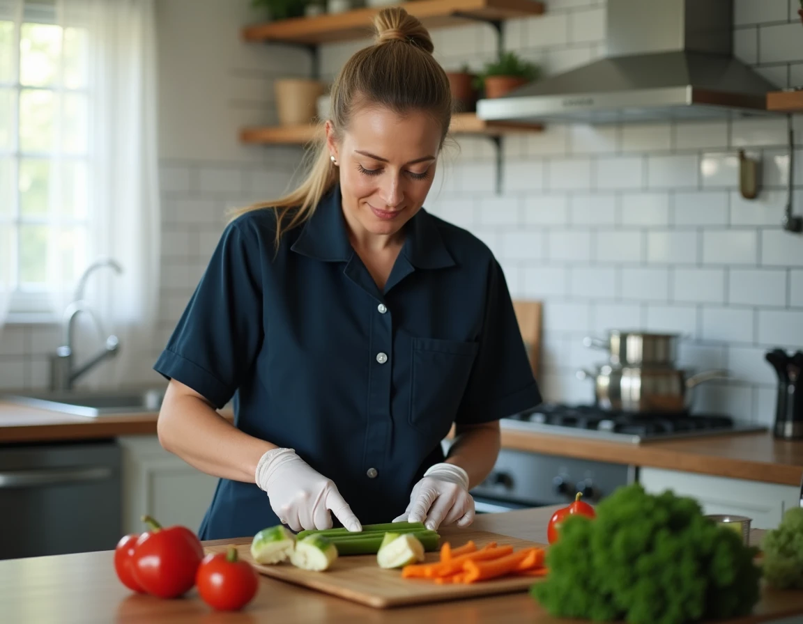 Aide à domicile ADMR préparant un repas en cuisine, prestation incluse dans le tarif horaire de l'aide à domicile