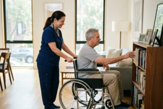 Auxiliaire de vie aidant un homme en fauteuil roulant à domicile dans un appartement accessible et chaleureux