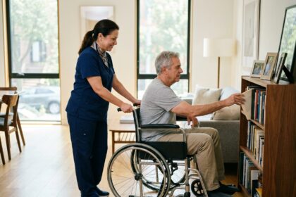 Auxiliaire de vie aidant un homme en fauteuil roulant à domicile dans un appartement accessible et chaleureux