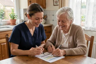 Aide à domicile senior organisant le planning d'intervention avec une personne âgée à Lille