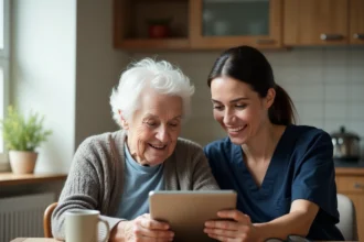 Aide à domicile aidant une personne âgée à utiliser une tablette numérique dans une cuisine conviviale