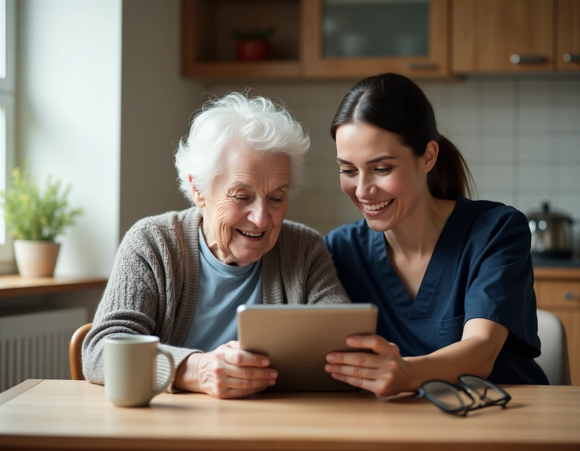Aide à domicile aidant une personne âgée à utiliser une tablette numérique dans une cuisine conviviale