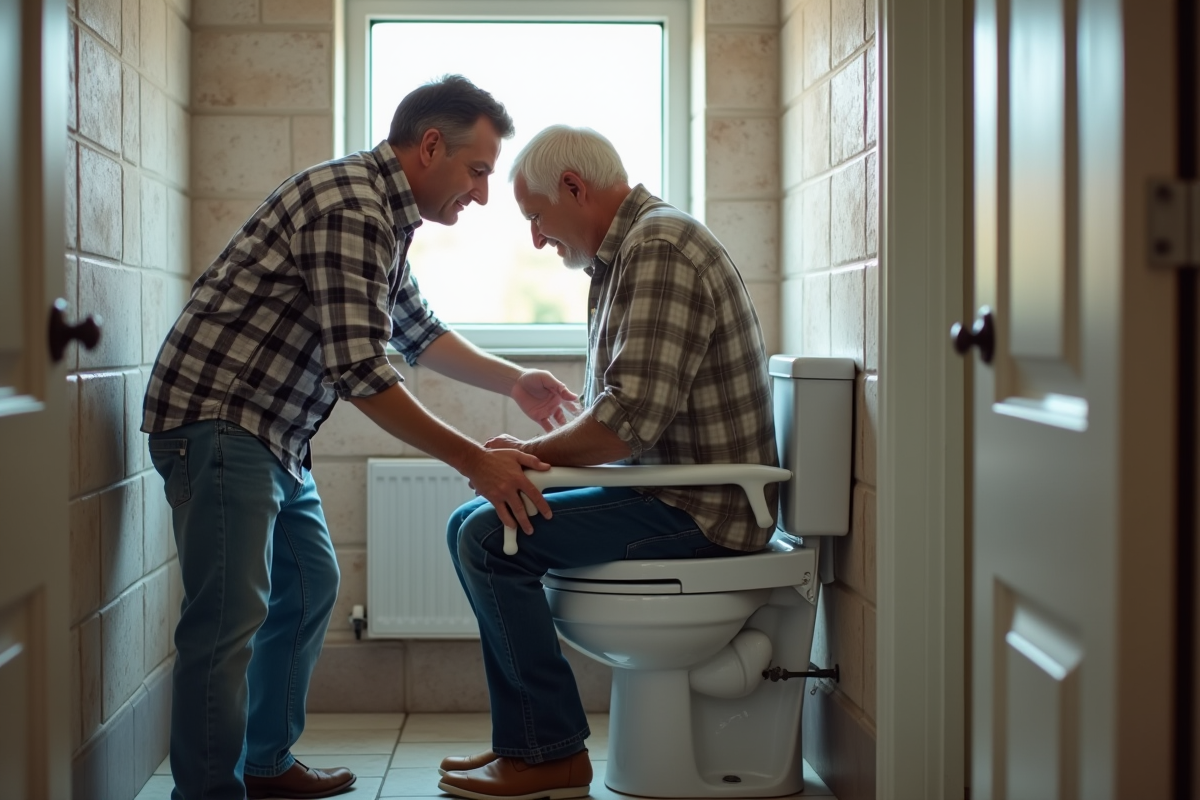 Fils aidant son père âgé dans la salle de bain