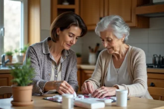 Femme aidant sa mère âgée à trier des médicaments