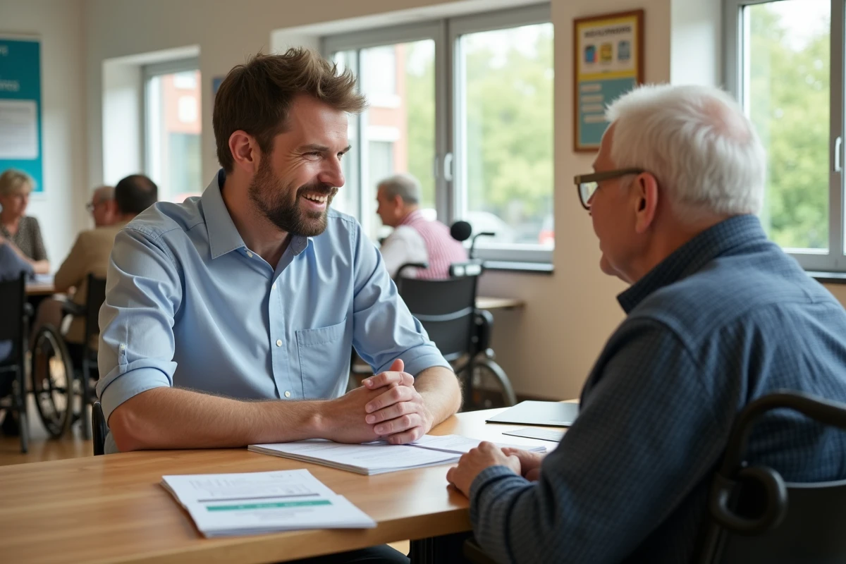 Travailleur social discutant avec un senior en centre communautaire