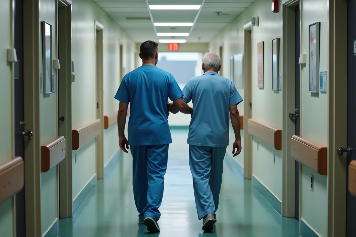 Aide-soignant aidant un résident âgé dans un couloir d