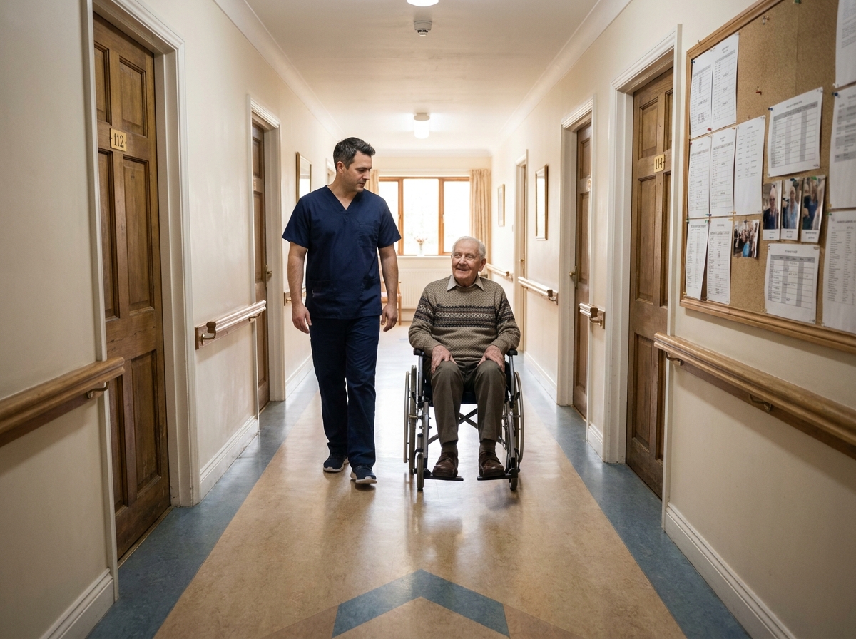 Aide-soignant accompagnant un résident en fauteuil roulant dans le couloir d'une maison de retraite médicalisée