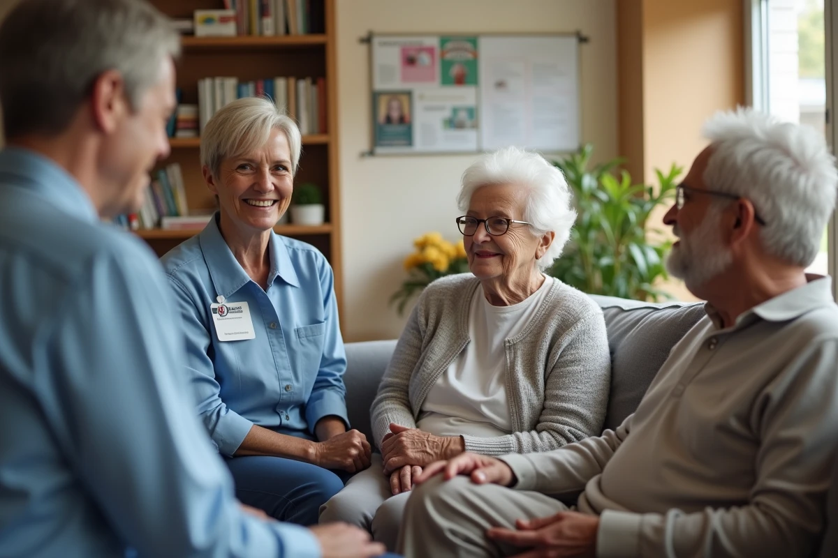 Aide-soignante parlant avec un couple âgé dans un salon communautaire