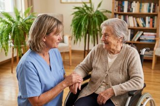 Aide-soignante souriante avec une personne âgée dans un salon