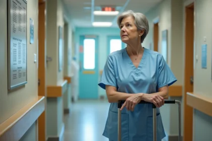 Aide-soignante en blouse bleue dans un couloir calme