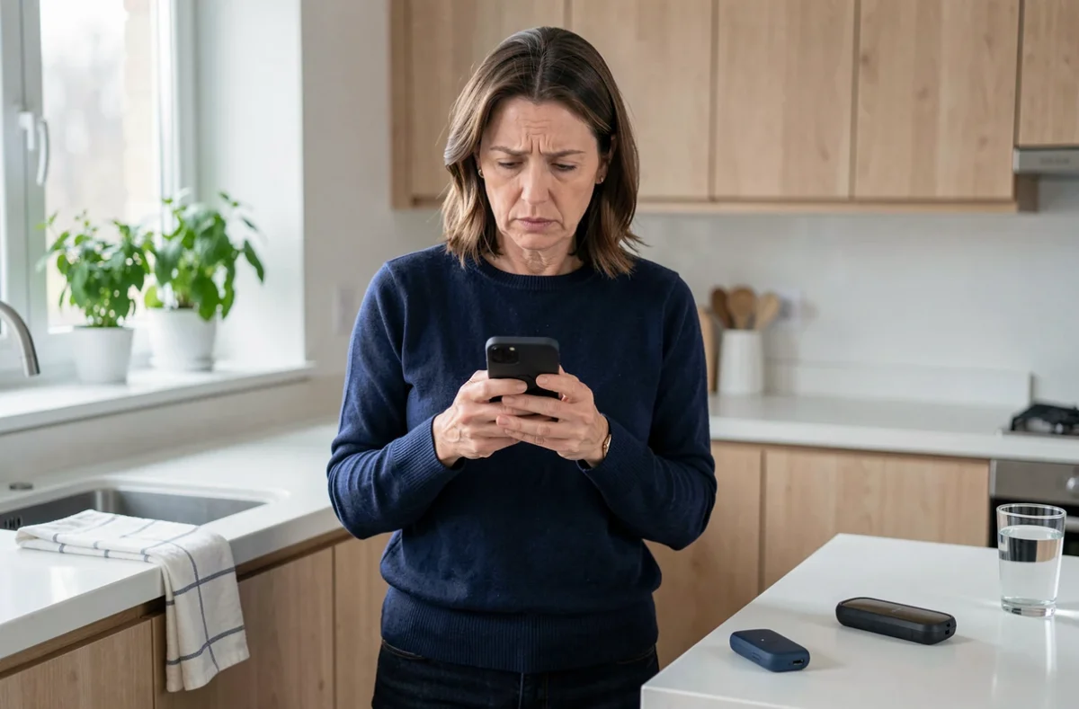 Femme adulte consultant une alerte de chute sur son smartphone avec un traceur GPS posé sur le plan de travail d'une cuisine moderne