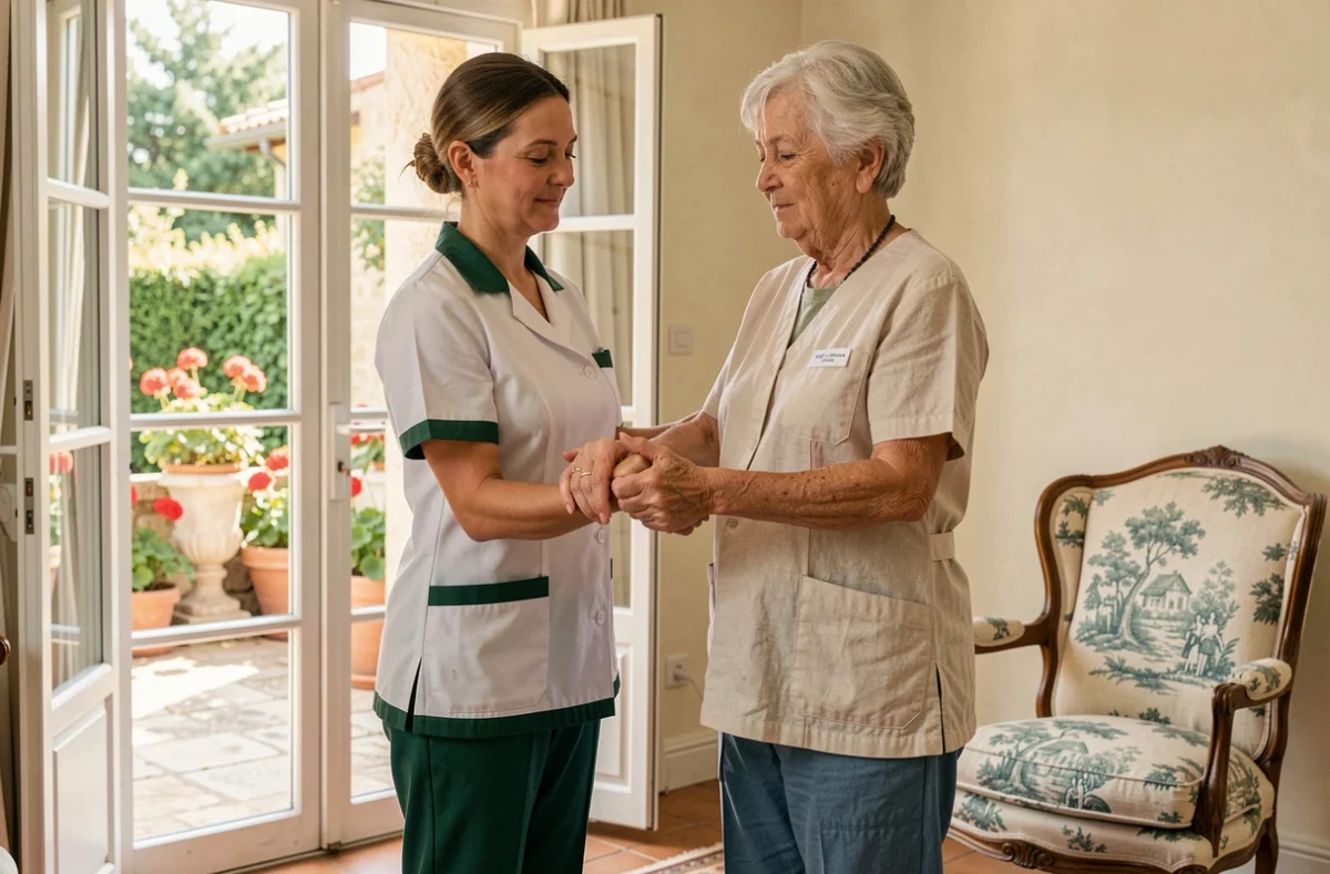 Une aide-soignante d'Amelis Aix-en-Provence guide une femme âgée dans des exercices doux dans un salon lumineux avec portes françaises donnant sur une terrasse fleurie