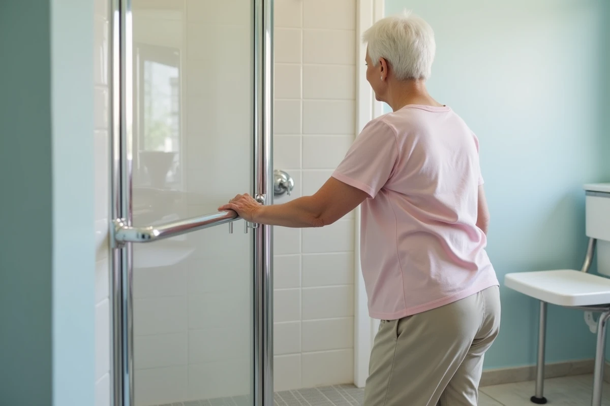 Une femme âgée utilise une barre d'appui dans une salle de bain adaptée pour limiter les risques à domicile