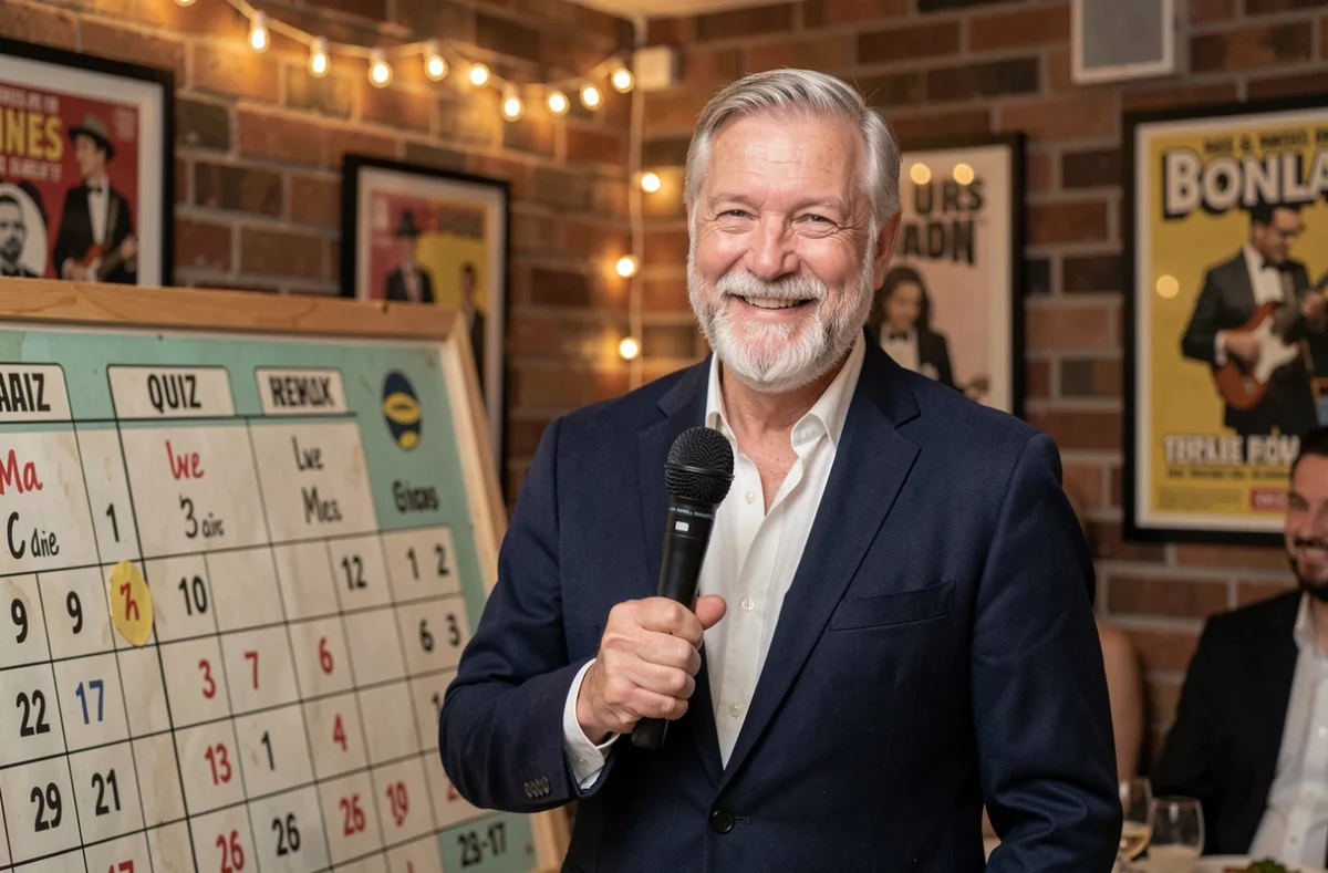 Animateur d'un quiz musical présentant une activité lors d'un anniversaire adulte de 70 ans en salle privée
