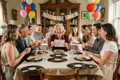 Groupe d'adultes célébrant un anniversaire de 70 ans avec un quiz musical autour d'une table décorée de vinyles
