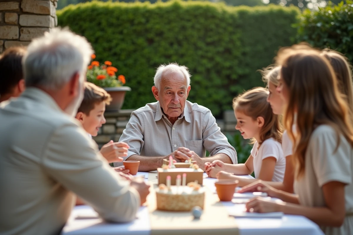 Famille réunie autour d'un homme de 90 ans pour célébrer son anniversaire dans un jardin de campagne française