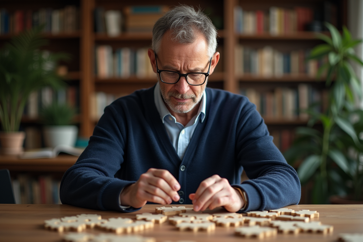 Homme d'âge moyen assemble un puzzle en bois dans une bibliothèque