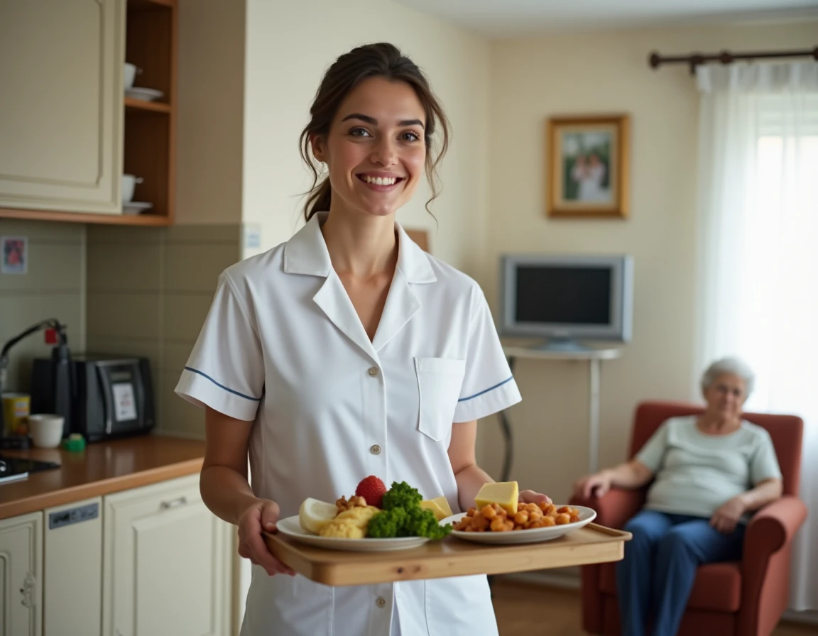 Auxiliaire de vie préparant un repas pour une personne âgée dans un appartement modeste