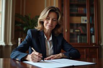 Femme en costume bleu examinant des documents notariaux