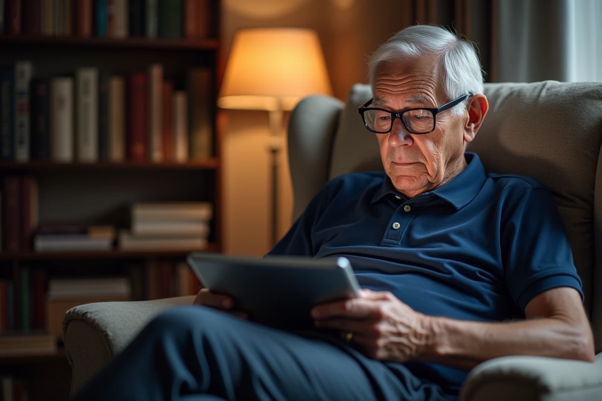 Un homme senior utilise une tablette pour pratiquer des exercices mentaux adaptés, stimulant son bien-être cognitif