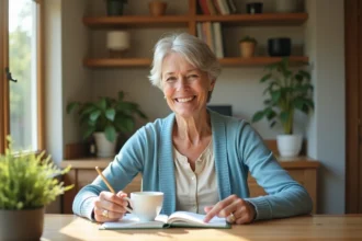 Une femme âgée souriante consulte un agenda quotidien dans sa cuisine lumineuse, illustrant le bien-vieillir à domicile