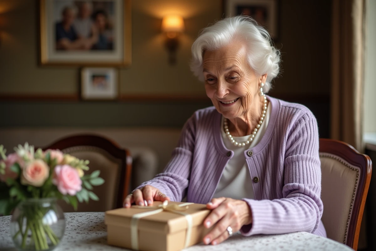 Femme de 90 ans souriante en train de déballer un cadeau élégamment emballé dans un salon chaleureux
