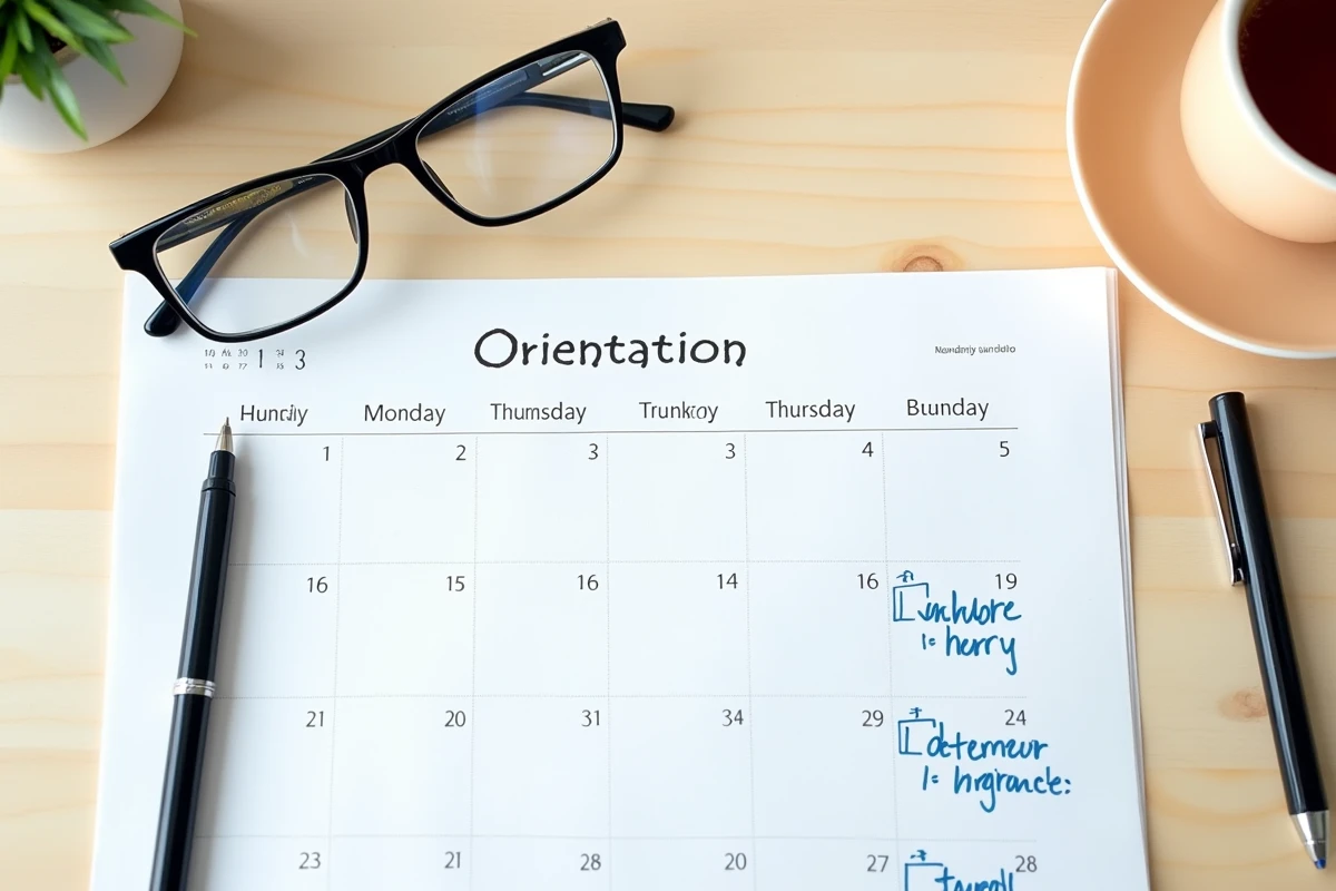 Vue de dessus d'un calendrier imprimé pour personnes désorientées avec grandes dates, notes manuscrites et lunettes posées sur un bureau en bois