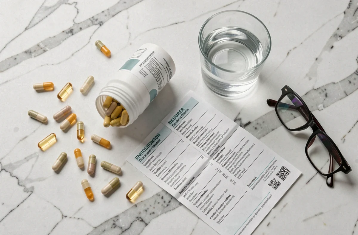 Vue de dessus de capsules de vitamines et notice d'information médicale sur marbre blanc illustrant les risques de surdosage Bion 3 Senior