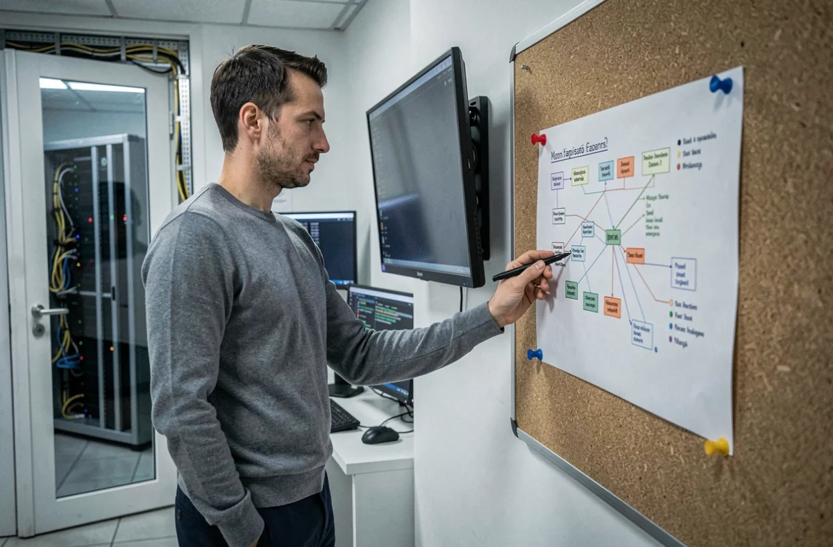 Chef de projet informatique annotant la feuille de route de migration vers NETSoins dans une salle serveur hospitalière