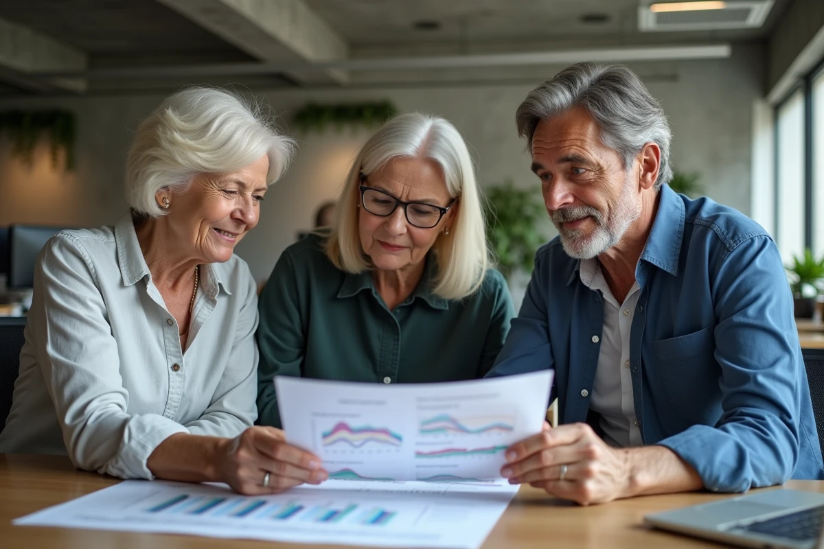 Groupe de collègues analysant ensemble des projections de pension et historiques de salaire au bureau