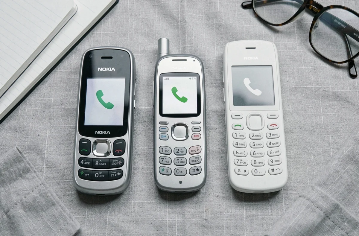 Comparaison de trois téléphones mobiles simples pour appels et SMS posés sur un tissu gris
