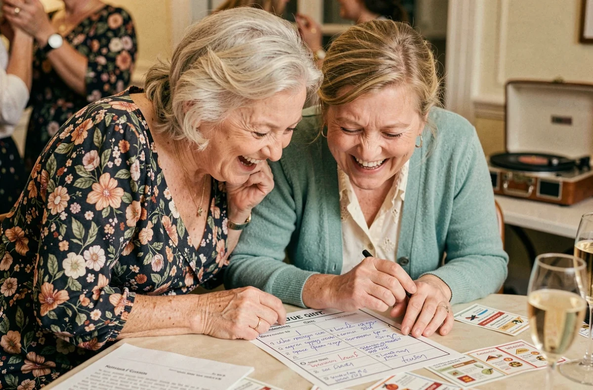 Deux femmes complices riant ensemble sur une fiche de quiz musical lors d'une fête d'anniversaire de 70 ans