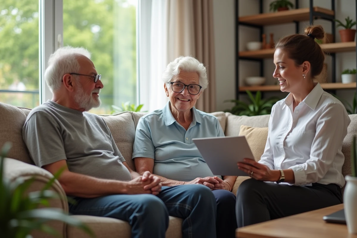 Aide-soignante expliquant un document à un couple âgé