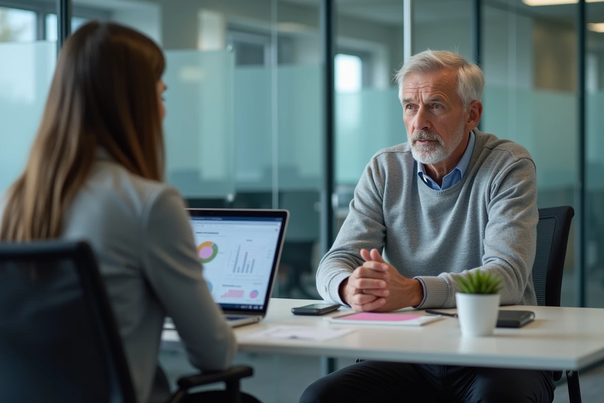 Homme senior en rendez-vous avec un conseiller financier pour calculer sa pension de retraite nette