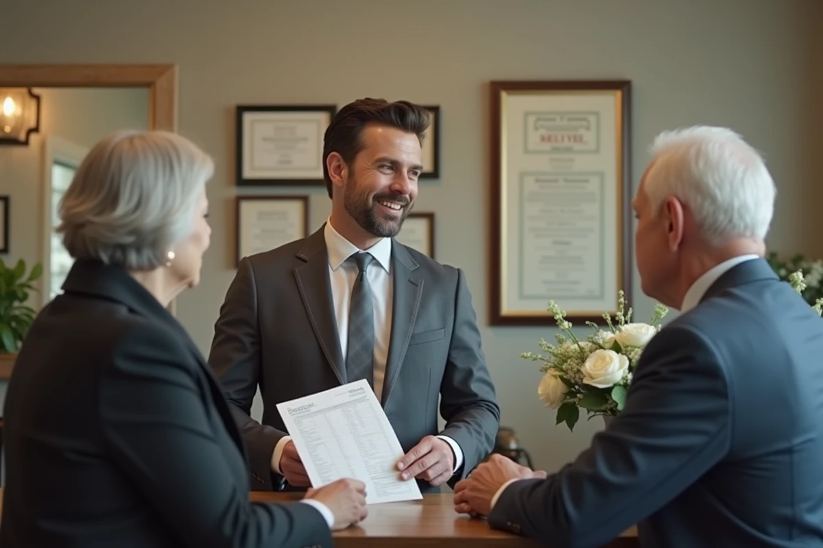Conseiller funéraire présentant une liste de prix de crémation à une famille, montrant l'importance de comparer les devis pour éviter les surcoûts