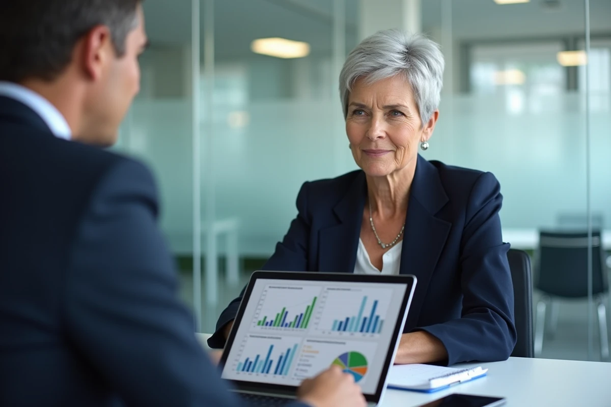 Femme senior consultant un conseiller financier pour optimiser la répartition de ses revenus avant les impôts retraite 2026
